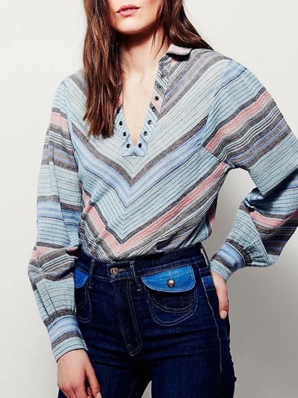 Free People Call My Name Chevron Stripe Blouse Top Medium M